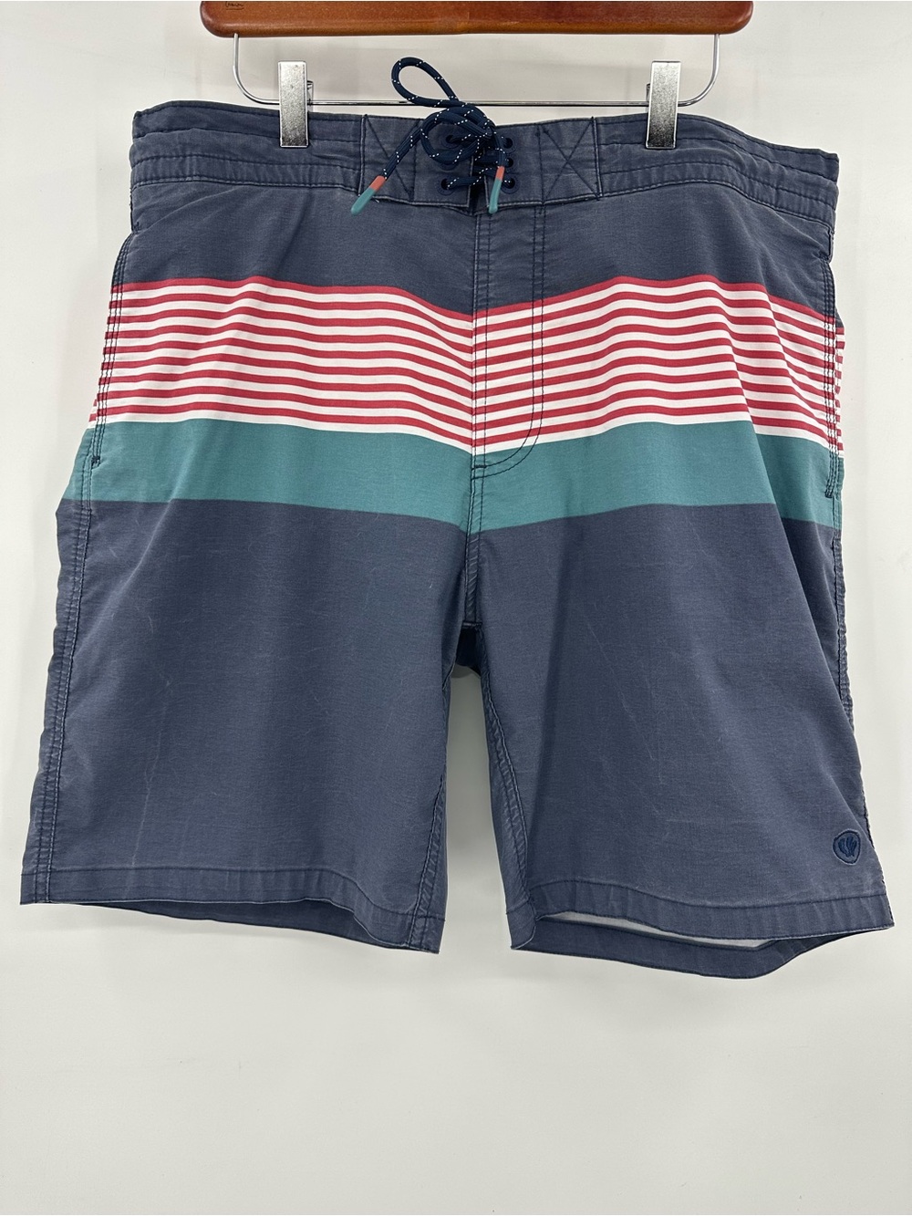 Fat Face Navy Swim Shorts with Teal, White, & Red Stripes